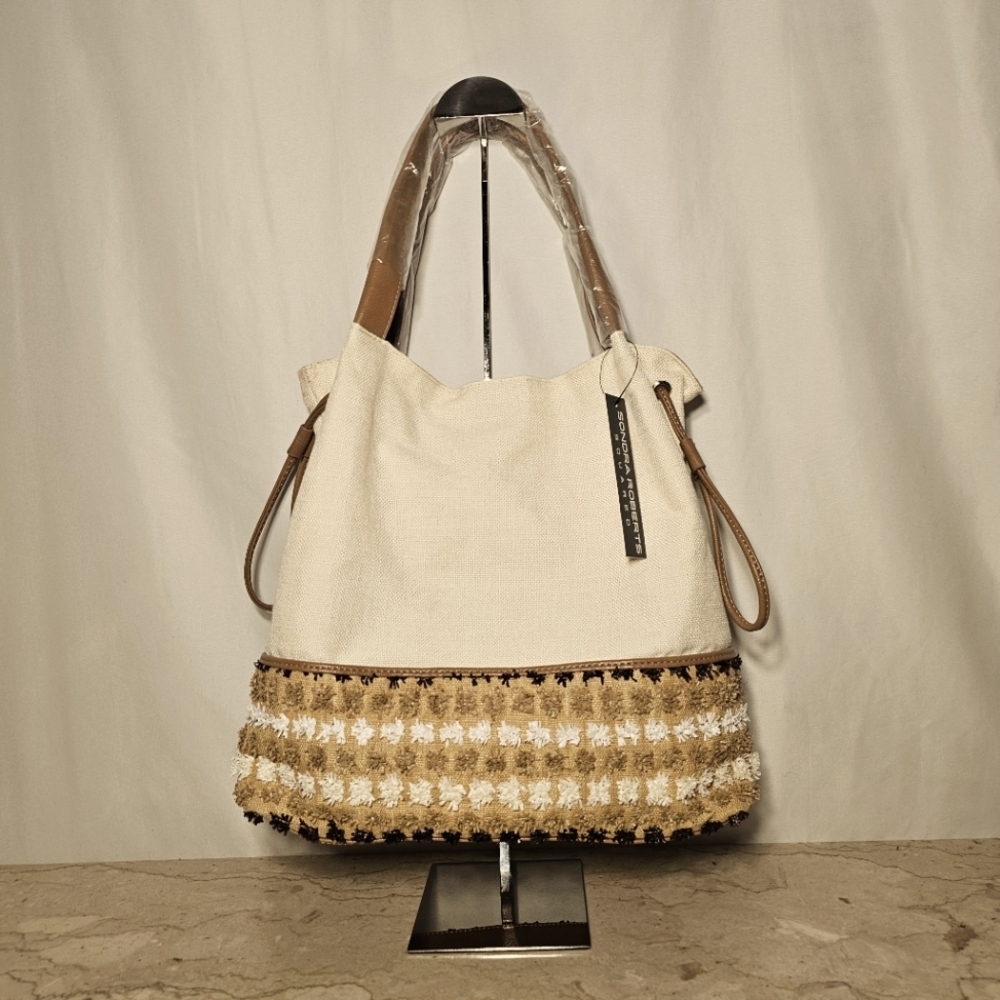 Sondra Roberts Squared Womens Woven Travel Tote Shoulder Bag Rafia Dotted